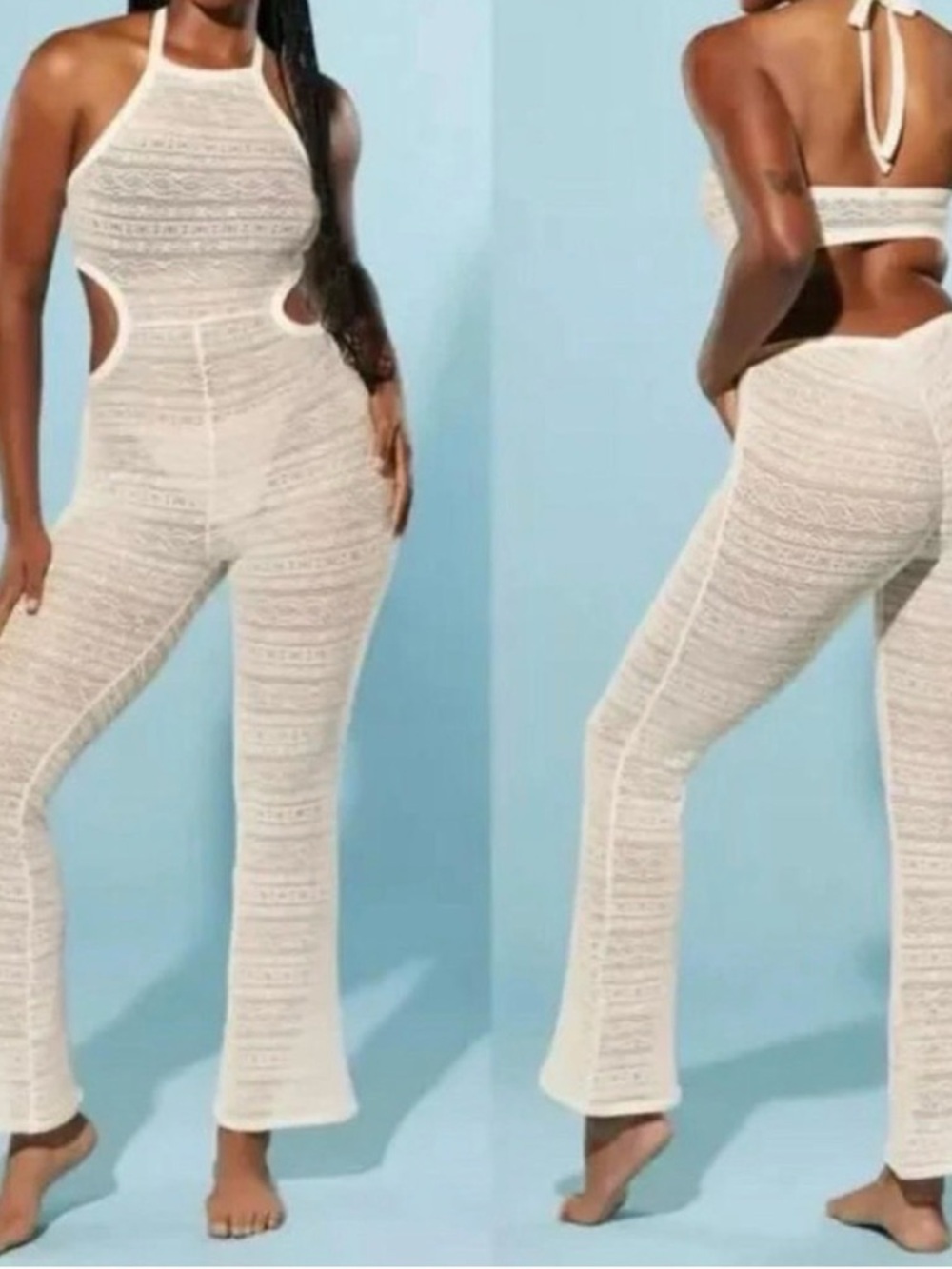 Fabletics Cream Halter Cutout Jumpsuit Romper